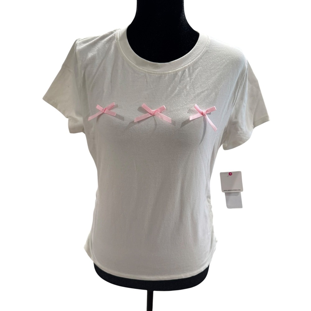 Rebellious One Womens White Pink Bow Coquette T-Shirt Short Sleeve Large NWT‎